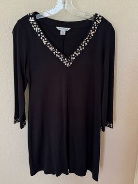 Tommy Bahama, Deep Black V-Neck,  Long Sleeve Dress with Crystal Trim. Size XS.